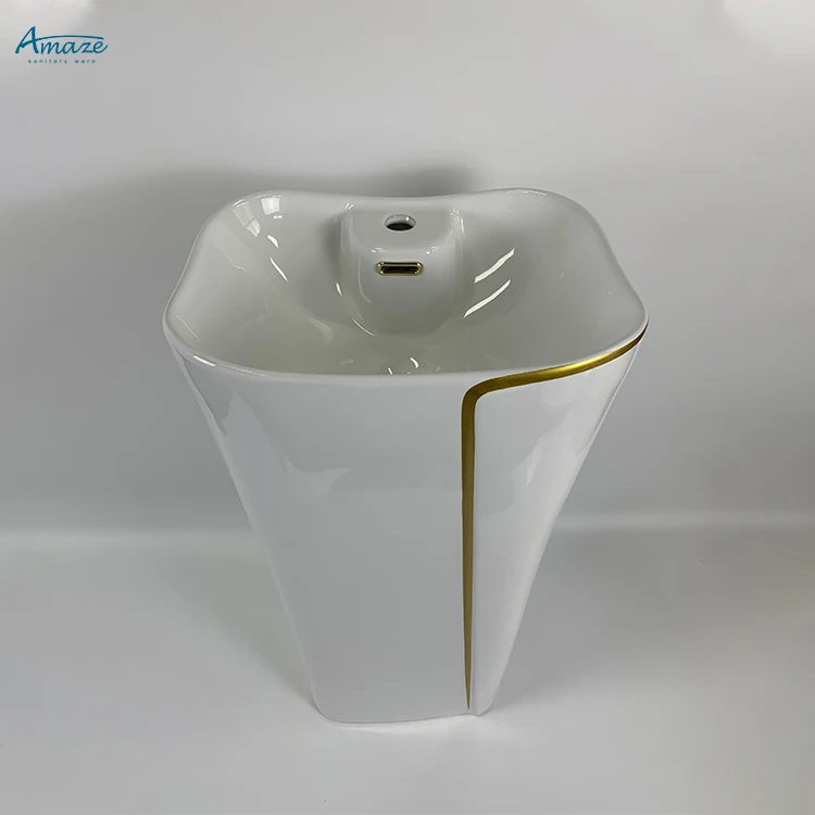 Modern lavatory square pillar gold line white one-piece ceramic bathroom sink wash hand pedestal basin manufacture