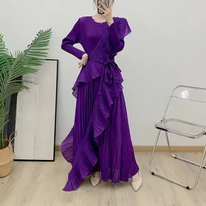 2025 Autumn New Pleated Ruffled Dress for Women Long Sleeve Casual Style with Solid Color Plus Size Miyake Pleated Lady Dress