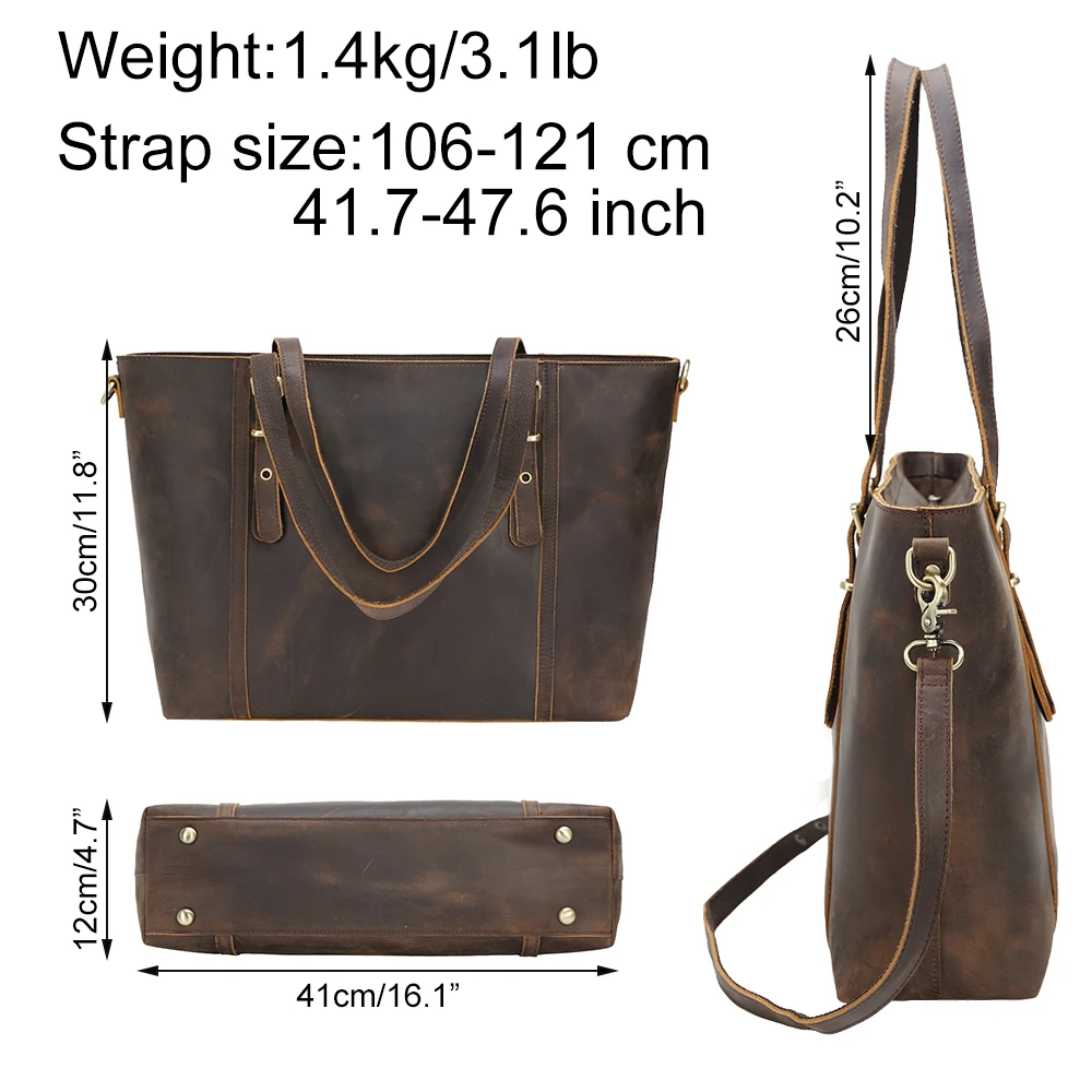 Custom Logo Lady Brown Shoulder Bag Women Genuine Full Grain Leather Tote Bag for Daily Retro Crazy Horse Leather Handbag