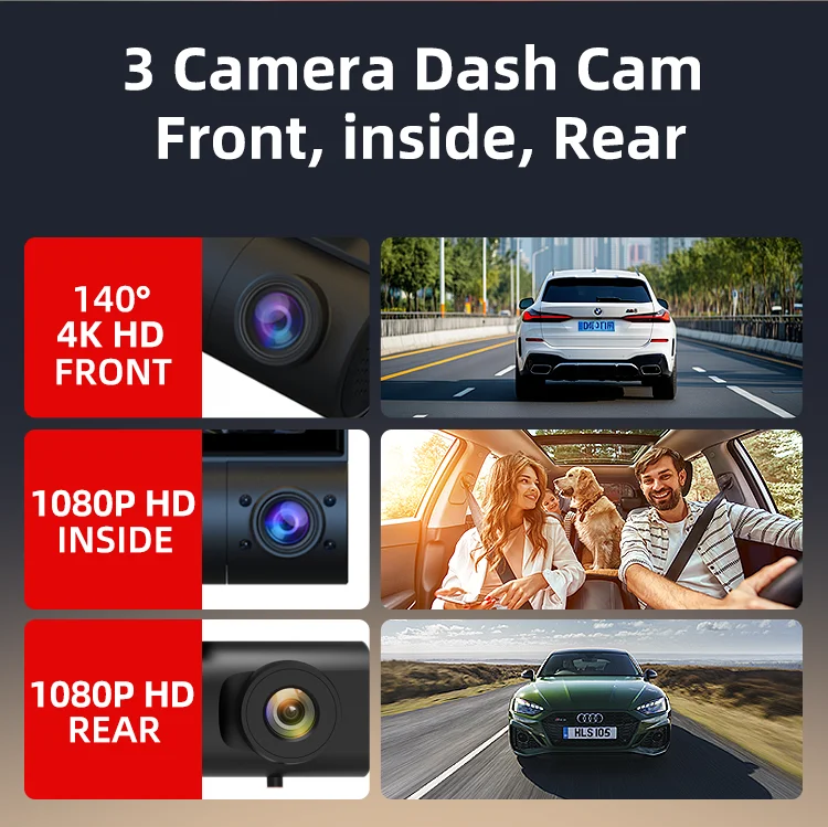 Dash Cam Front and Rear 4k Drive Recorder 3 Channel Dash Cam 4k GPS Black Box F1.8 with 3.16 Inches IPS  LCD for Agent factory