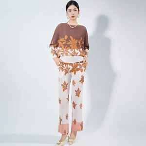 High Quality Miyake Pleated Two Piece Pant Sets Ladies Elegant Lounge Wear Women's Set