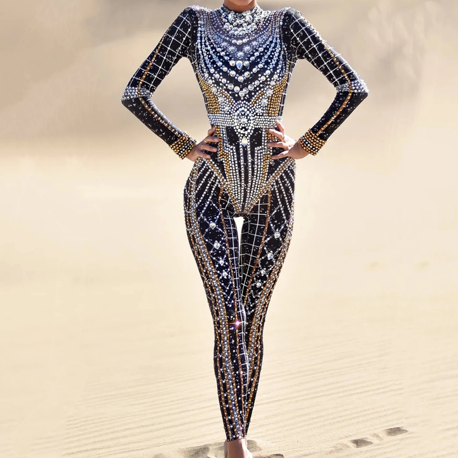 Fashion Sparkly Rhinestone Bodycon Bodysuit Female Singer Dancer Stage Perform Outfit Luxury Birthday Club Drag Queen Costume