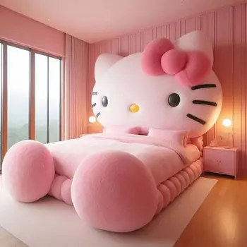 New Kids Bed Room Furniture Pink Princess Girls Bedroom Cat Design Children Bed Upholstered Fabric Hello Kitty Bedroom Furniture