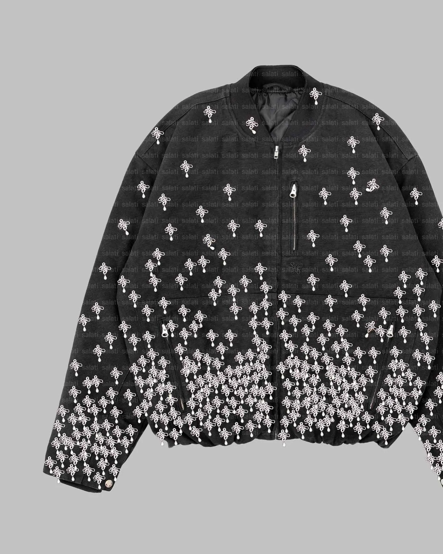 Salati Custom Streetwear Pearl Pins Embroidery Printed Acid Wash Distressed Vintage Zipper Cropped Flight Work Bomber Jacket Men gallery 3