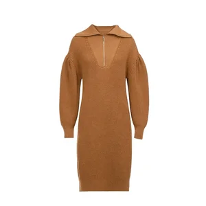 Custom Autumn Winter Brown Lapel Long Sleeve Casual Simple Dress for Women Sweater Knit Dress