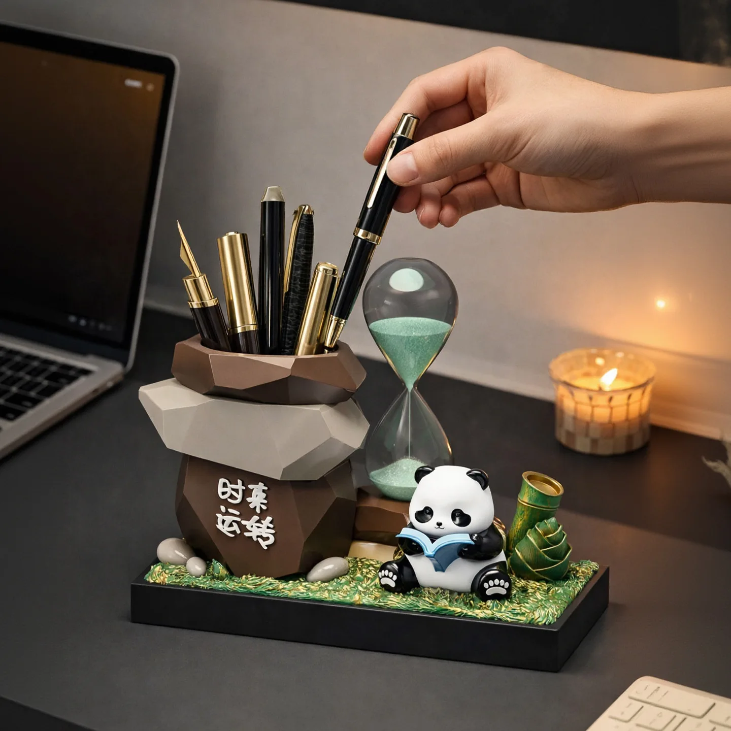 Panda Shaped Pen Holder with Hourglass Timer Cute Cartoon Style Home Office Desk Organizer Creative Decorative Storage Display