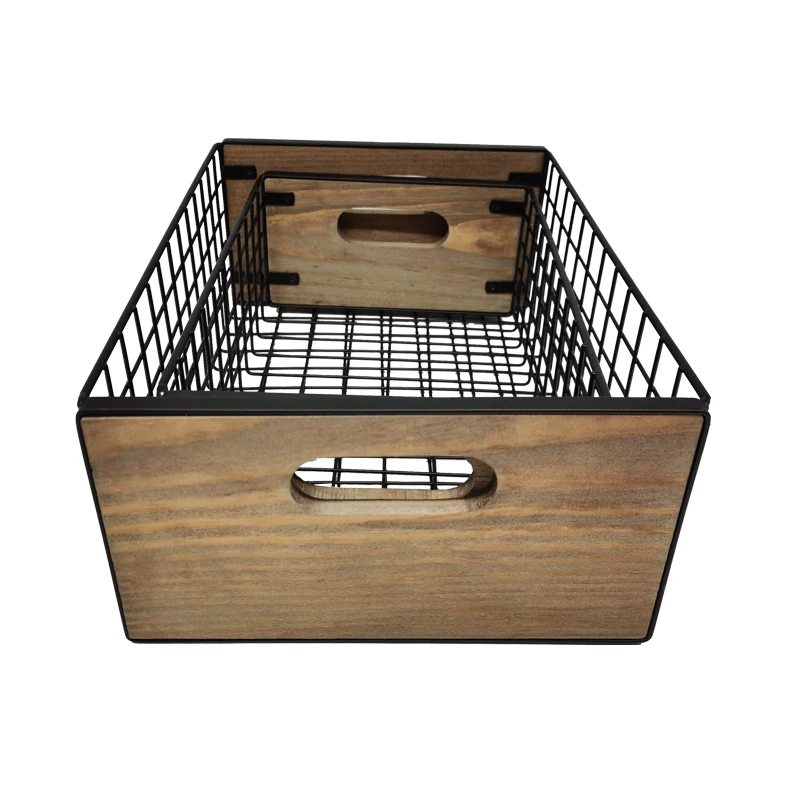 Metal Wire Storage Basket With Wood Handle,Durable Desk Organizer For