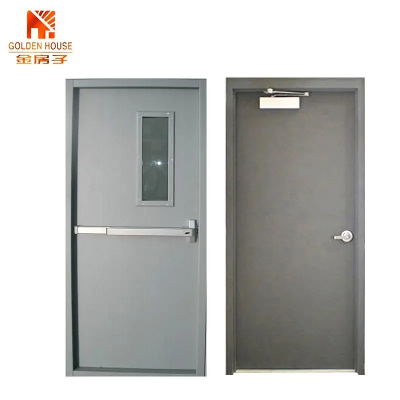 UL Approve USA Standard Fire Resistant Doors With Panic Push Bar and Glass Steel Hollow Metal Commercial Fire Door