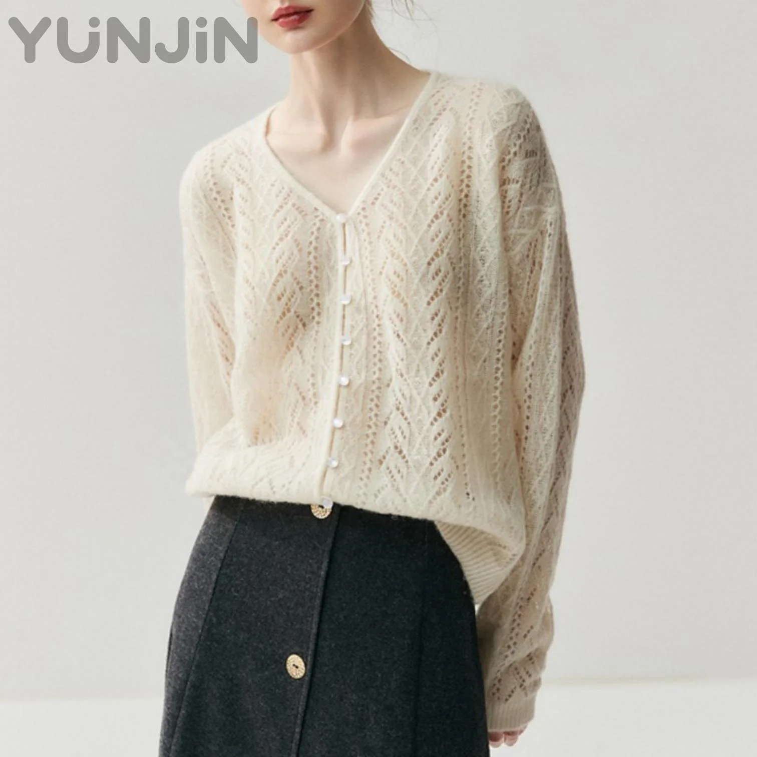 Women's Design 75%Cashmere Knit Cardigan Mulberry Silk Solid