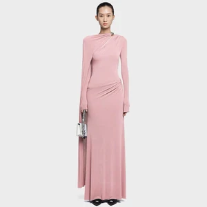 AELESEEN Designer Fashion Maxi Dress Solid Color Slim Fit Asymmetrical Pleats Metal Buckle Floor-Length Natural In-Stock
