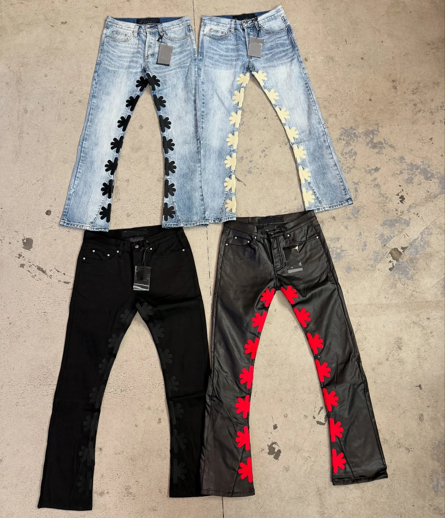 Streetwear Custom Patch Embroidery Pu Leather Pants Vintage Wash Flared Jeans Denim Pants para sa Lalaki