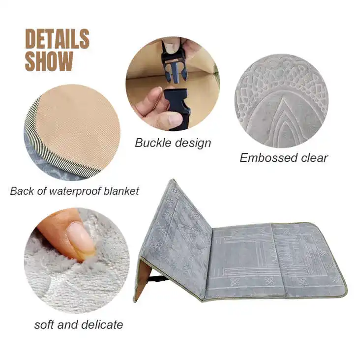 Portable Thick Prayer Mat for Pilgrimage Foldable Muslim Carpet with Embossed Backrest Plain Design Area Rug Set Gift Option