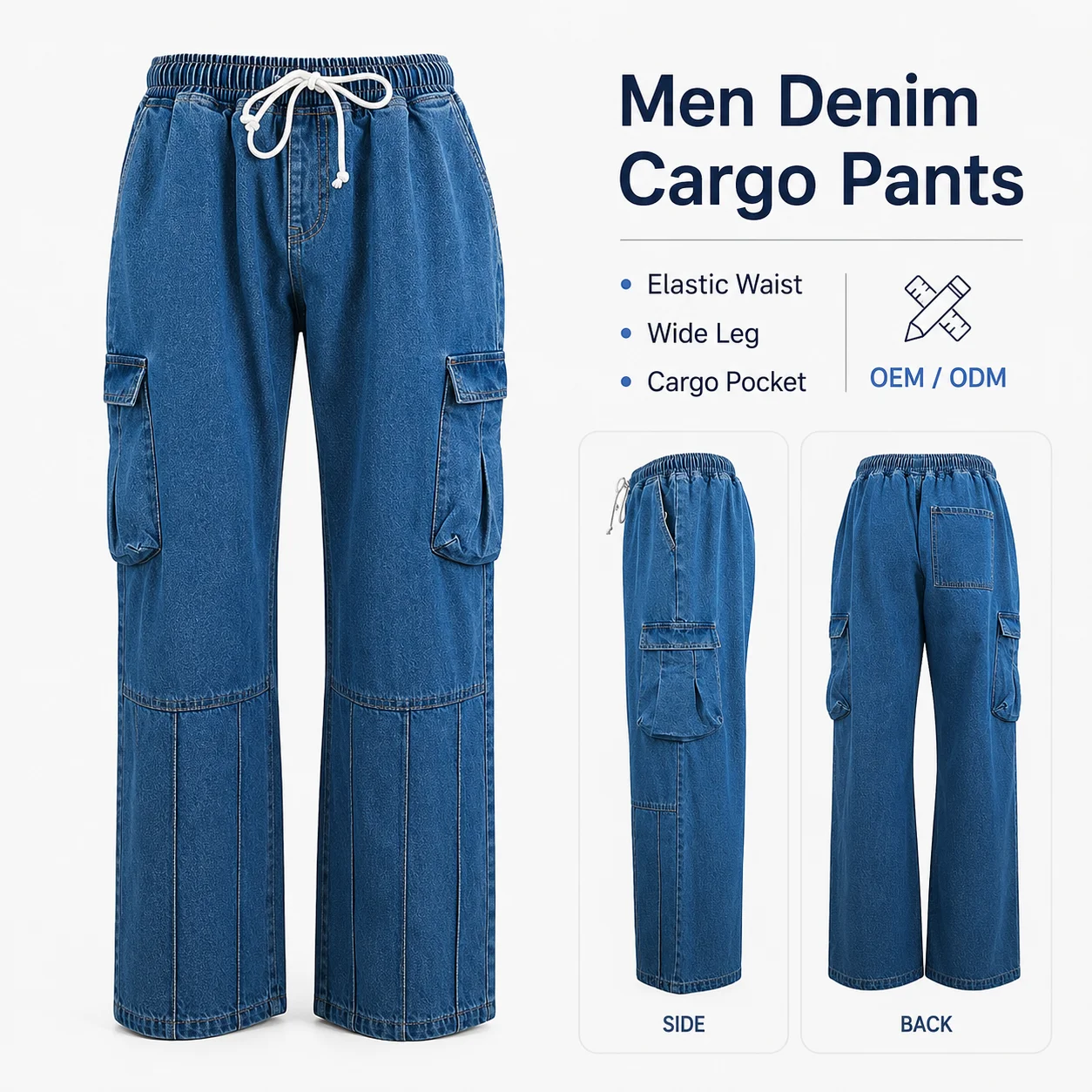 Men's Gradient Workwear Jeans with Casual Elastic Waist Loose Straight-leg Silhouette Drawstring Closure Modest Pants