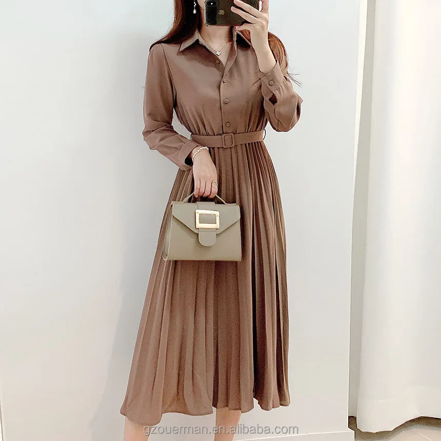 Wholesale New Fashion Women Pleated Long Dresses Lapel Shirt Dress