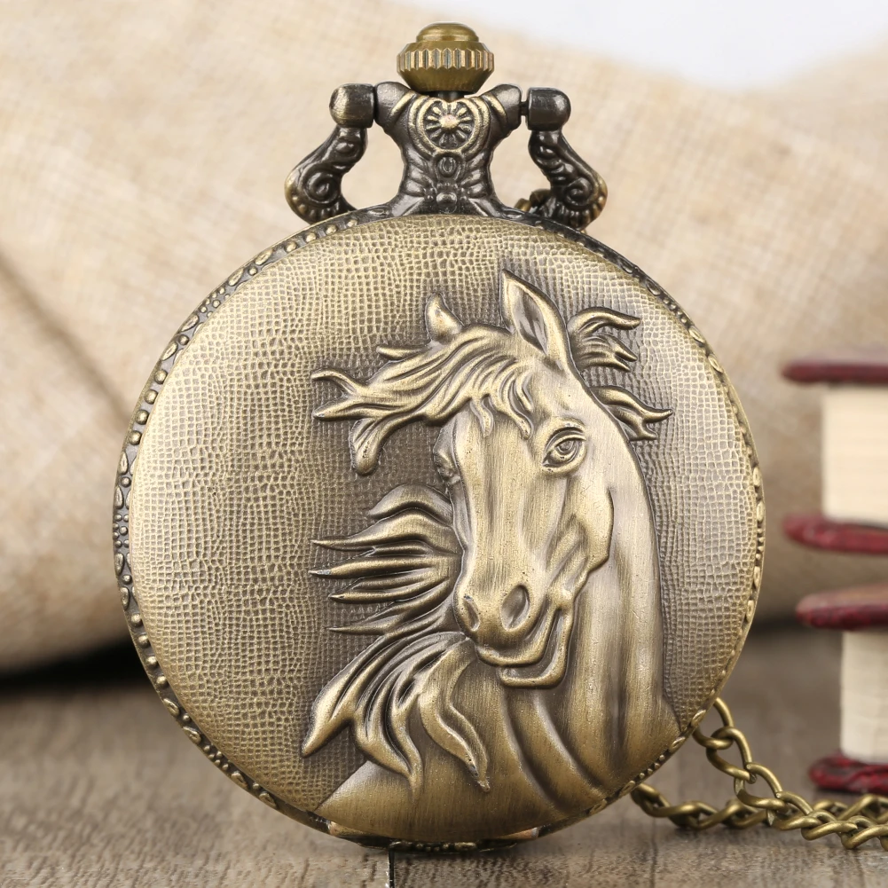 Vintage 3D Animal Horse Pocket Watch with Chain - Antique  display picture 1
