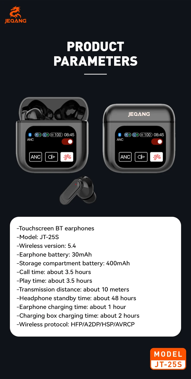 Jeqang-25S TWS LED Digital Display In-Ear for BT Earphones with ENC ANC Waterproof Function and Large Screen Display