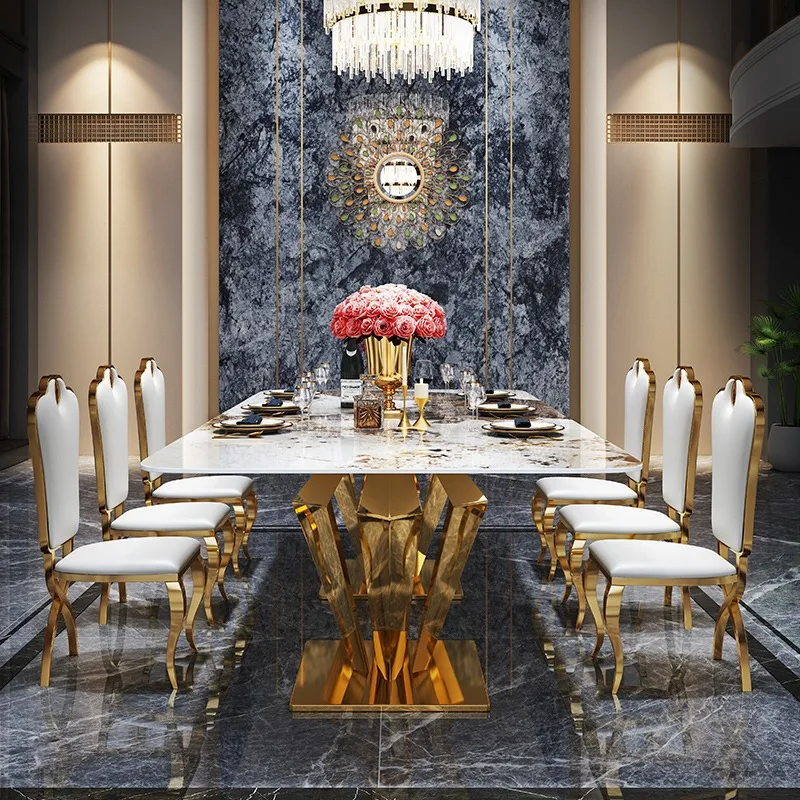 Elegant Modern Marble Dining Table Set With Artistic Gold Stainless ...