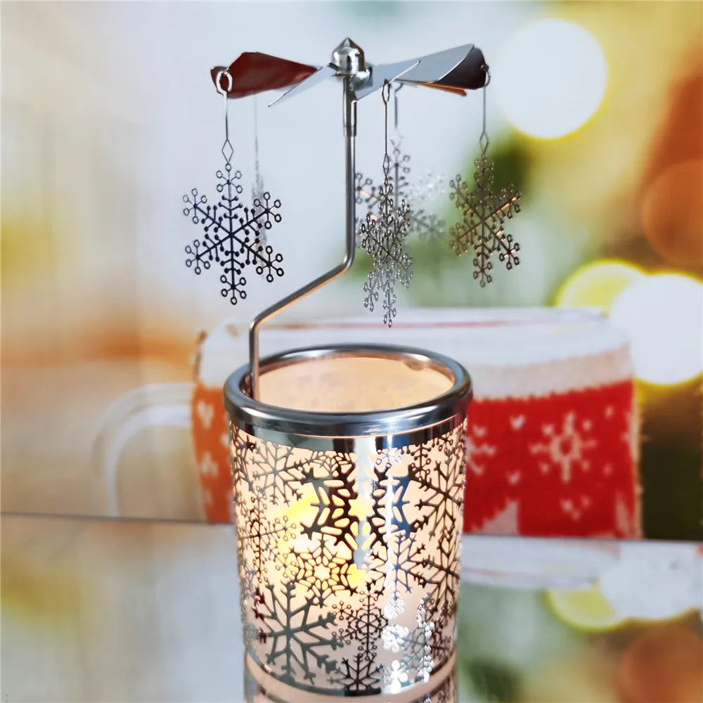 Silver Snowflake Rotating Christmas Carousel Candle Holder Metal Tea Light Holders Rotary Candle Holder for Home Decor