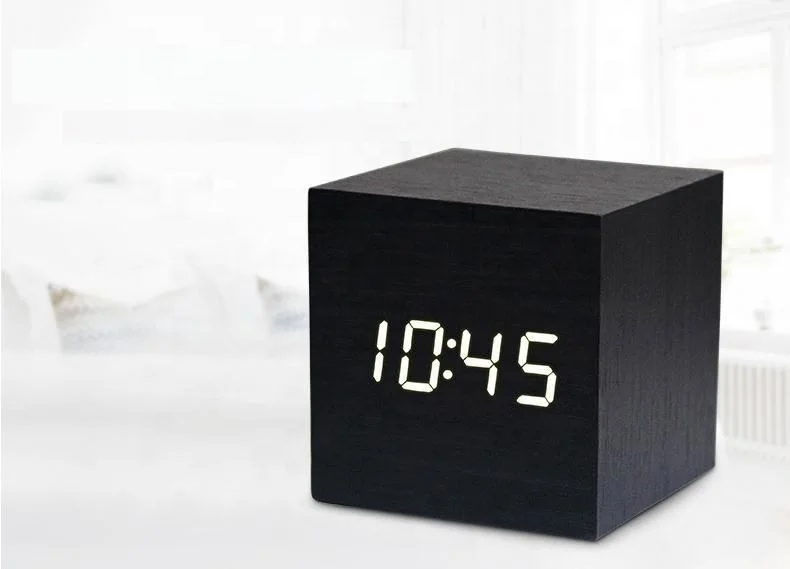 Free Shipping Mini Cube Wooden Clock Voice Control Electronic Desk Clock with LED Digital Table Watch Snooze Cute Alarm Clock Fo