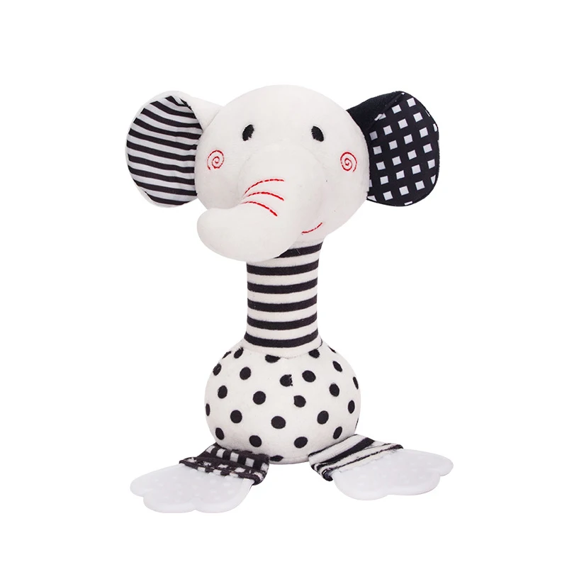 T037 Black and white hand bell baby cartoon fox elephant hand stick plush toy