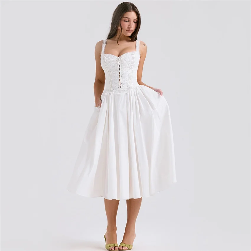 Boutique Clothing Dress Crochet Lace Trim Strap Slip Midi Long Summer White Elegant Bandage Dresses for Women 2024 With Pockets Boutique Clothing Dress Crochet Lace Trim Strap Slip Midi Long Summer White Elegant Bandage Dresses for Women 2024 With Pockets