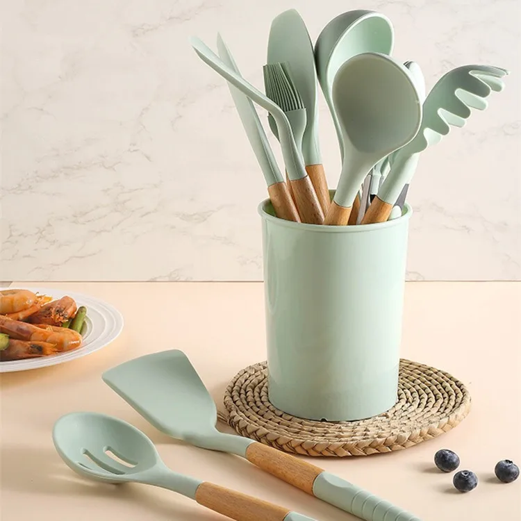 Silicone Cooking Utensils Set with Holder Bucket Heat Resistant Detachable Handle Kitchen Cooking Tool Mint Green