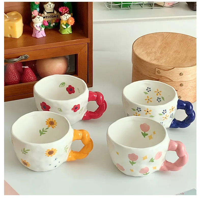Twisted Handle Cute 260ml Ceramic Flower Cup Hand Painted Under Glaze Mug Flower Tea Coffee Cups Gift