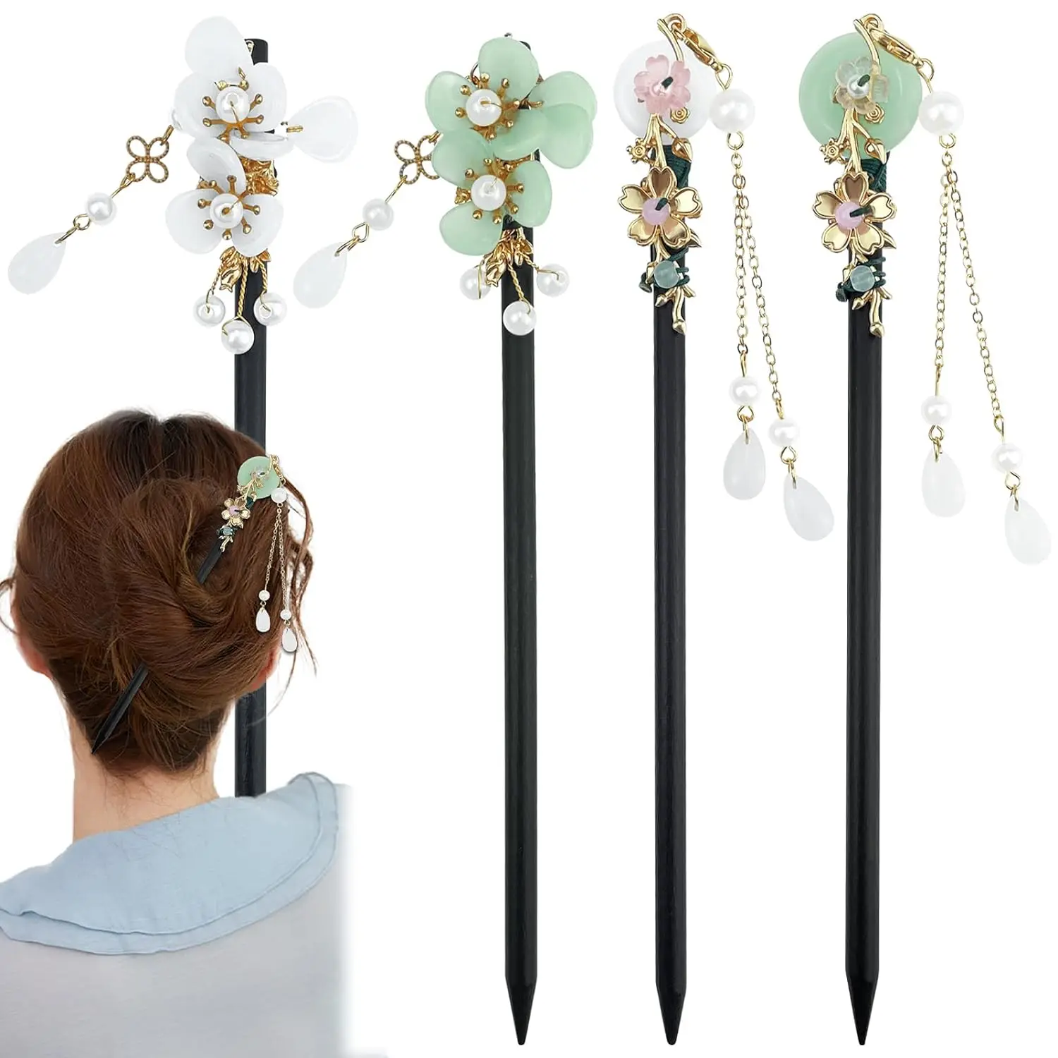 8 Vintage Chinese Hanfu Wooden Hair Sticks with Bead Pendants Hair Forks Bun Amazon.com : Lawie 8 Pack Wooden Hair Sticks Wood Chinese  main image 3
