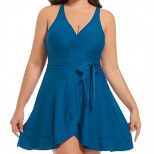 In Stock High Cut One Piece Swim Dress Pants for Women Plus Size Dropshipping V-Neck Tie Mesh Swimwear