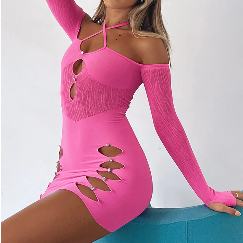 Trendy Midi Dress Halter Long Sleeve Slim See Through Hollow Out