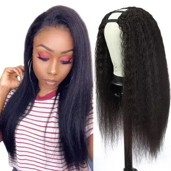 Raw Indian Human hair glueless u part wigs for black women, kinky straight no leave out virgin body wave u-part wigs
