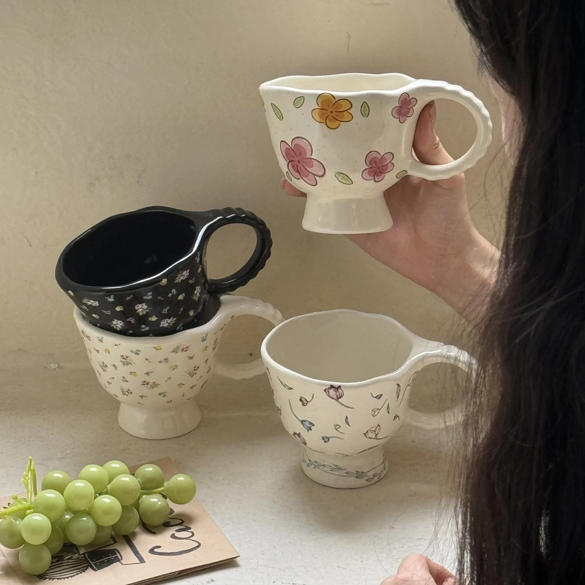 product 2025 new design wholesale retro floral hand pinch gift ceramic water coffee cup mug-50