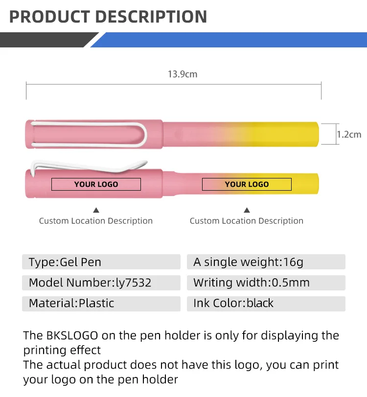 Customized High-Capacity Gel Ink Pen 0.5mm Tip Black Non-Erasable BKS Brand New Gradient Promotional Plastic Business Medical