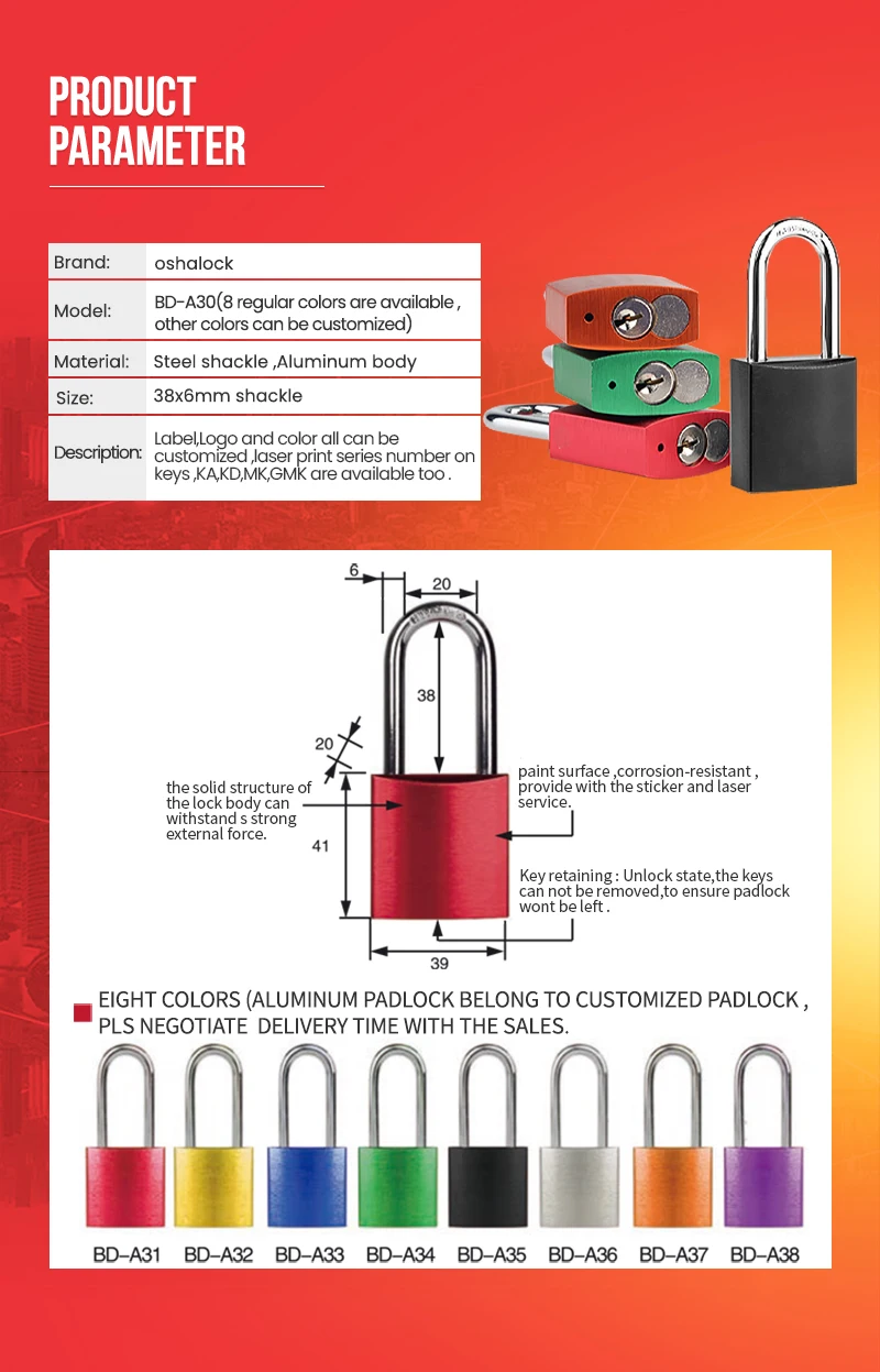 38mm Protect steel shackle Anodized aluminium safety padlock with master Key retaining when shackle is open