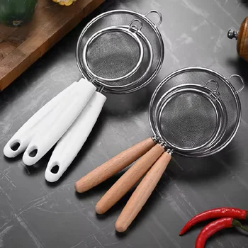 Wooden Handle Stainless Steel Small Colander Fine Mesh Oil Strainer Multi-function Filter Mesh Flour Sifter Kitchen Baking Tools