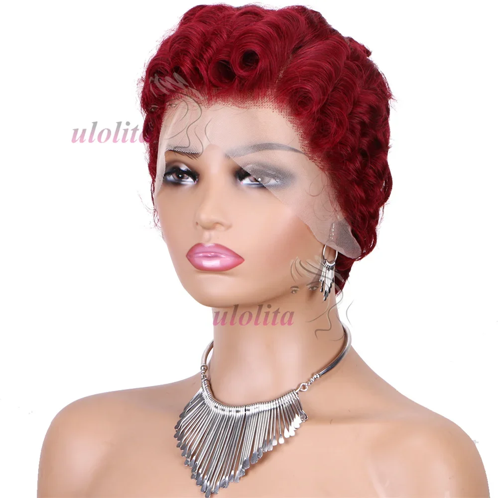 Burgundy 99J Red Color Lace Front Short Bob Wig Human Hair Pre Cut Loose Bouncy Wave Pixie Cut Frontal Wigs Preplucked_voghion.com