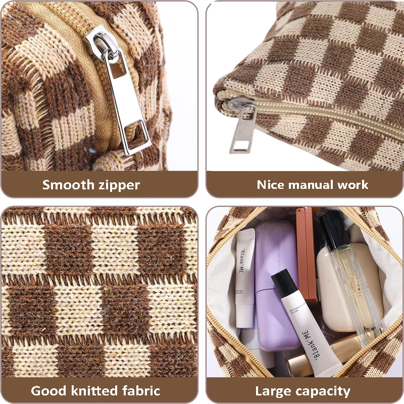 Popular Colors Checkered Board Makeup Bag Knitted Zipper Skincare Storage Bag Portable Large Capacity Cosmetic Bag for Makeup