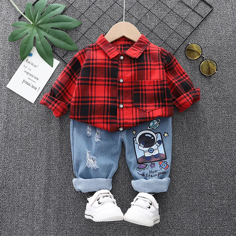 Baby Boy Designer Clothes Spring Autumn Plaid Turn-down Collar T