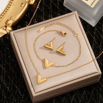 Wholesale 18k Gold Plated Stainless Steel Classic V-Shape Pendant Necklace Earrings and Bracelet God Jewelry Sets For Women