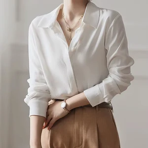 Custom High Quality Women's Casual Solid Breathable Woven Silk Shirt with Simple Design and Shirt Collar for Spring & Summer