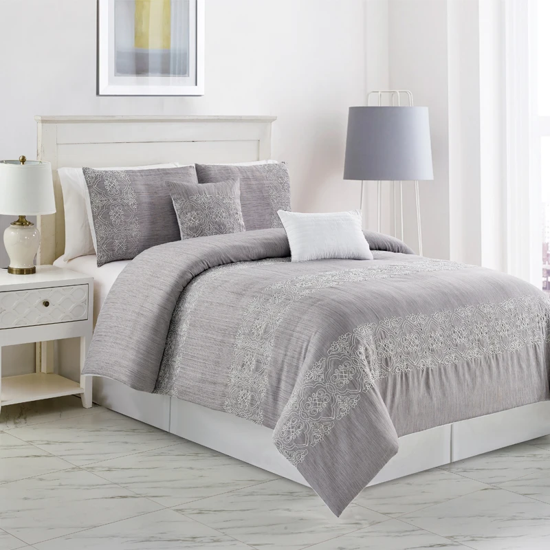 Bedding Set 5pcs Comforter Set King Grey Embroidery Bed Comforter Set Luxury Comforter