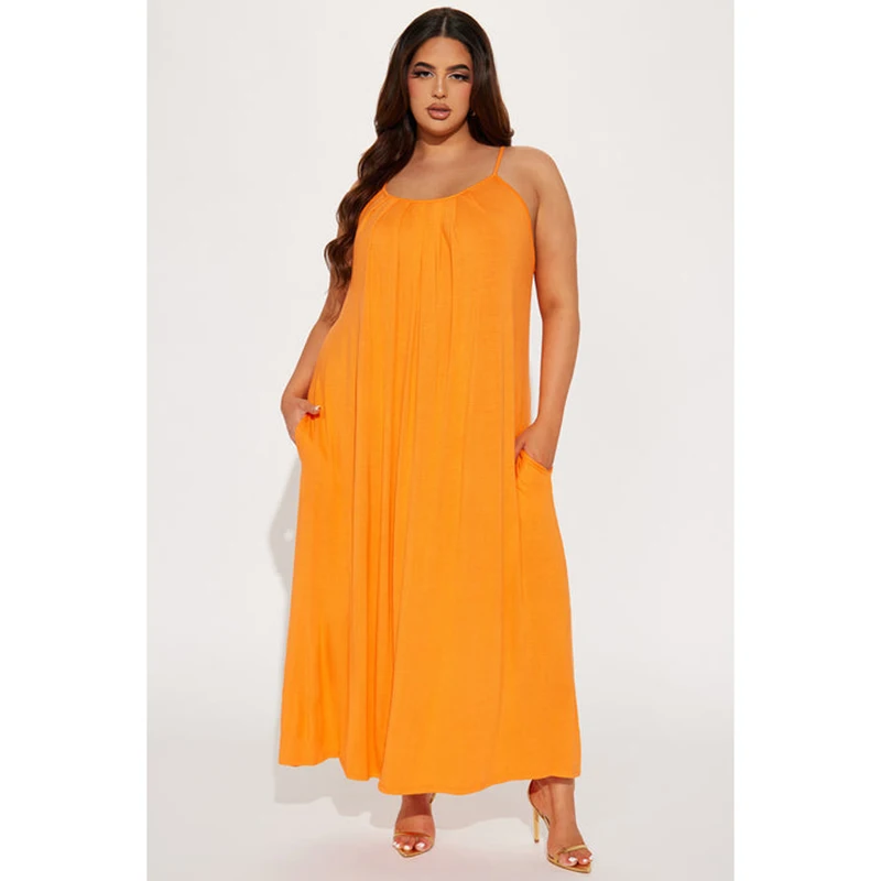 OEM Factory Custom Style Size Sleeveless Spaghetti Straps Side Pockets Tie Back High Stretch Women's Midi Length Casual Natural