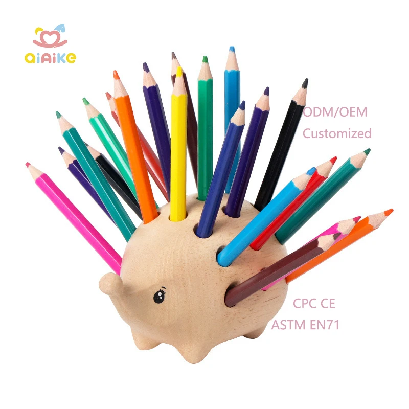 Creative Montessori Wooden Desktop Decoration Hedgehog Pen Holder Box for Student Stationery Storage Home Craft Ornaments