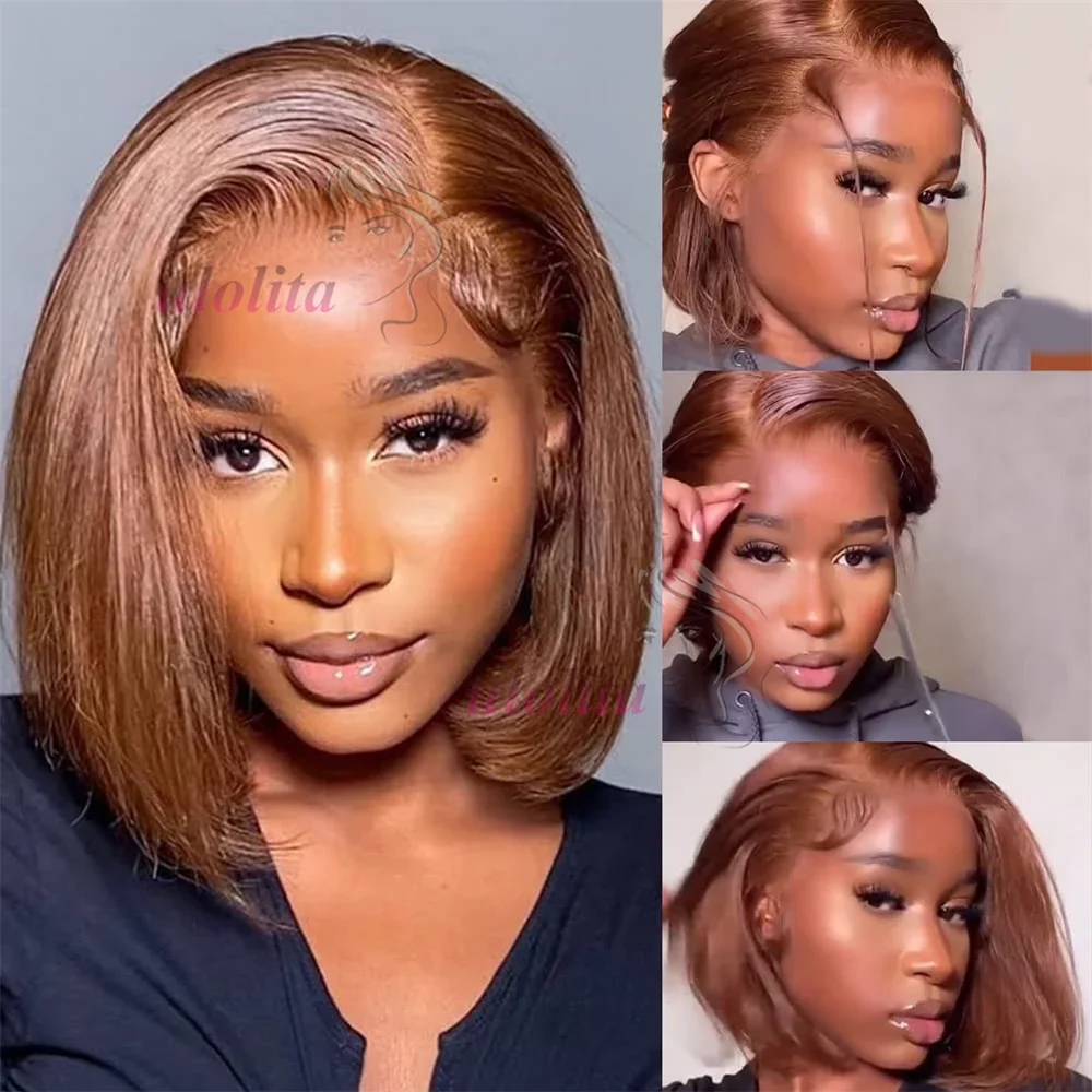 Chocolate Brown Short Bob Wig Human Hair 13x4 Lace Front Wig Brown Straight Short Bob Wigs For Woman Bleached Bob Wig_voghion.com