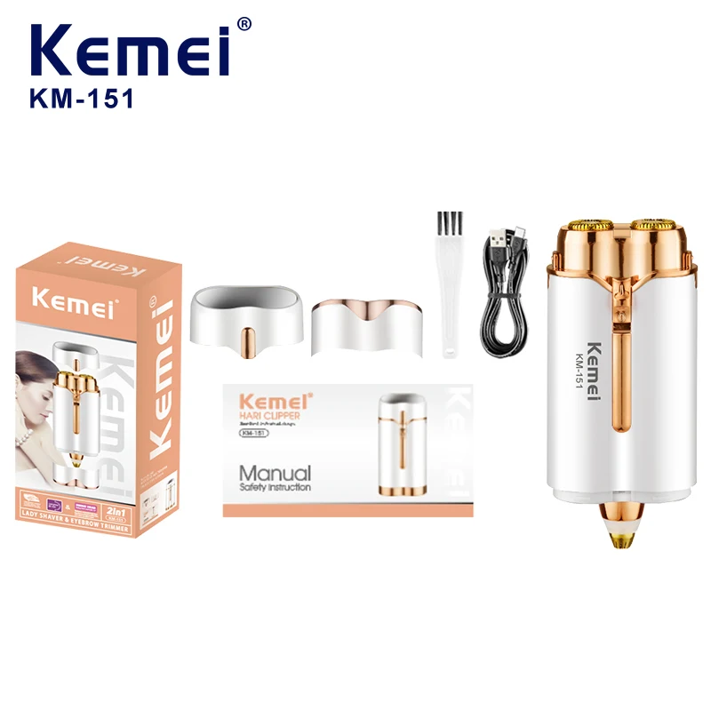 KEMEI Km-151 Épilateur facial et rasoir facial 2 en 1, mini-machine à raser électrique rechargeable pour femmes
