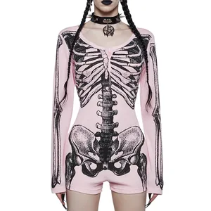 Women's Black Long - Sleeve Skeleton Print Bodysuit - Stylish Gothic Fashion