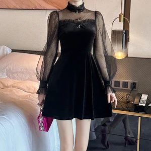 ZYHT 80381 New Arrival Long Sleeve Dress Women High Waist a Line Lace Velvet Dress Female Unique Fashion Party Elegant Dress