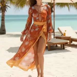 2026 Summer Russia Printing Long-Sleeved Breathable Bikini with Backless Neckline Slimming Sun Protection 2 Piece Set