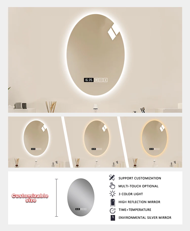 product anti fog electronic wall makeup mirror smart led defogger mirror oval frameless backlit bathroom vanity mirror-4