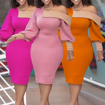 Wholesale New Fashion Women's Plus Size Dress Cross-Border Off-Shoulder Long-Sleeved Hip Skirt Contrasting Colors Independent